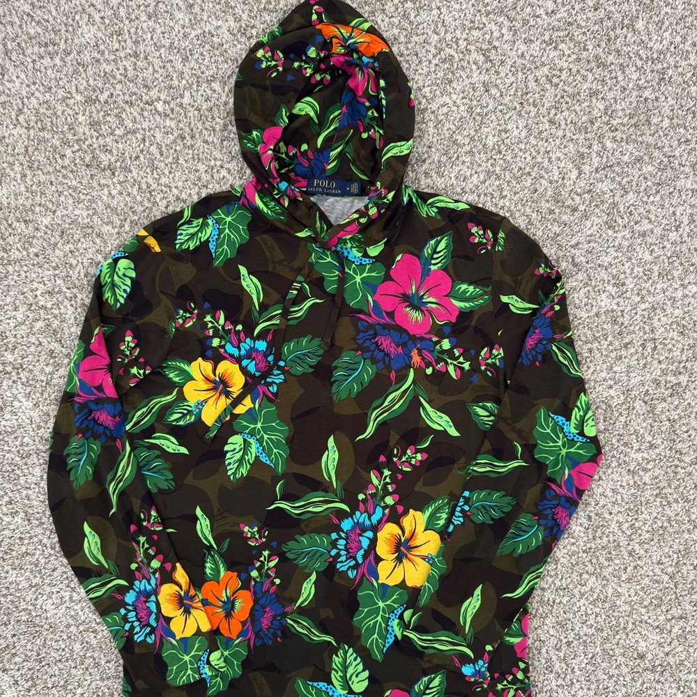 Polo Ralph Lauren Brown Hoodie with Vibrant Floral Print Size Medium - Picture 4 of 7